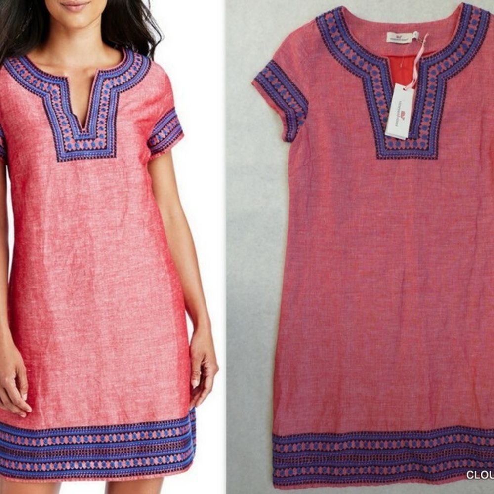 Vineyard Vines Vibrant Red Blue Women’s Embroidered Linen Blend Dress - Size 10